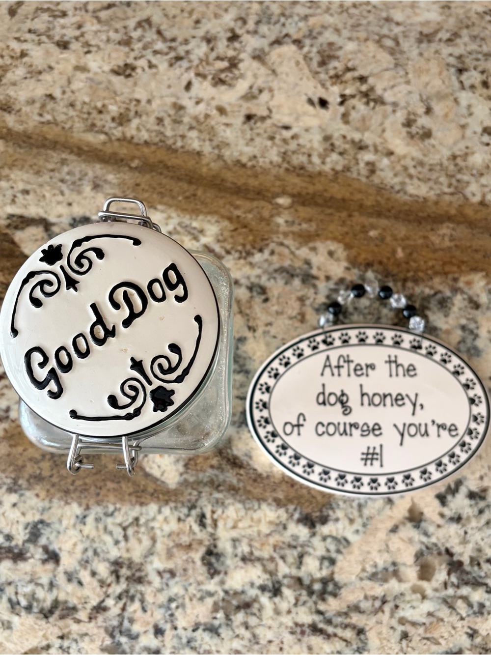 Good Dog Treat Jar & Humorous Ceramic Dog Plaque